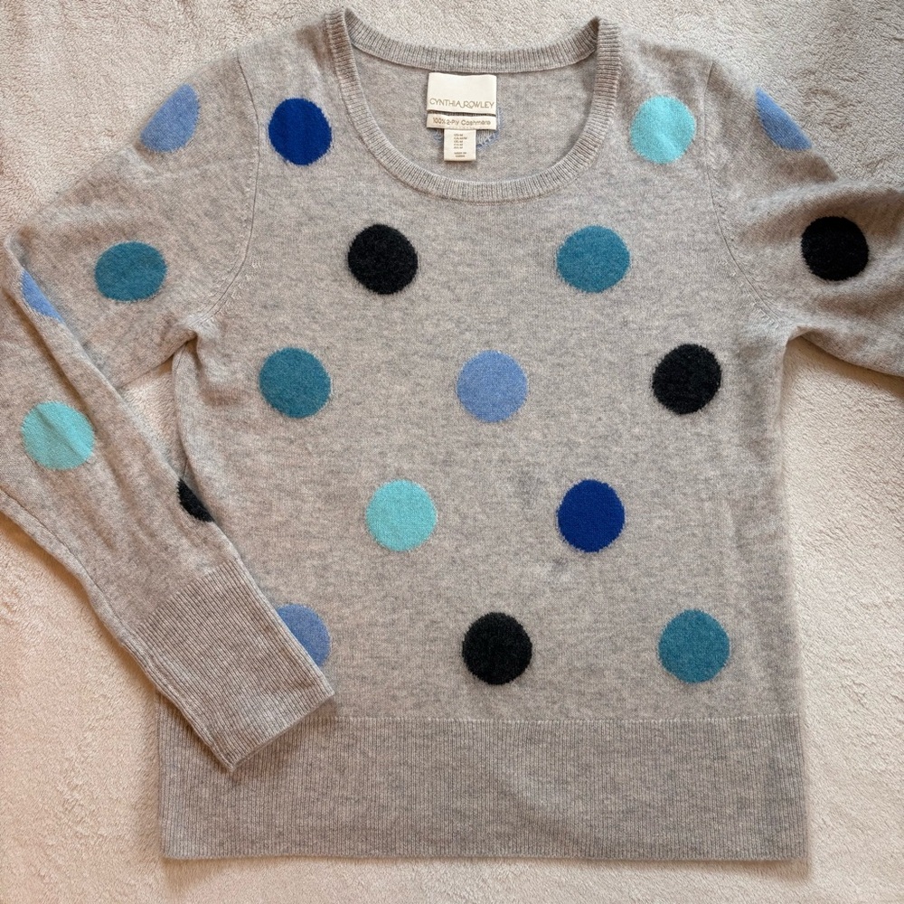 Cynthia Rowley Gray Cashmere Blue Multicolor Polkadot Crewneck Sweater Sz M